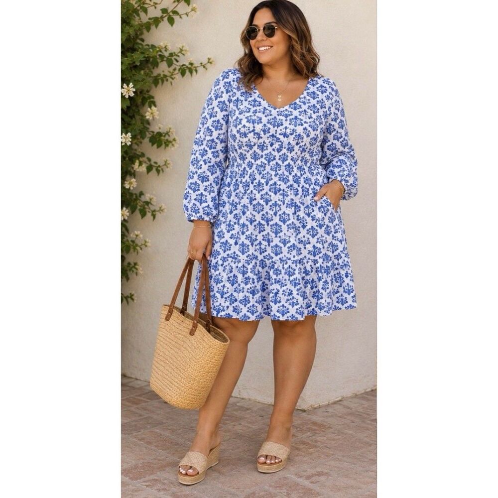 J.Crew Factory Scoopneck Tiered Mini Dress Blue White Print Size 14 NWT